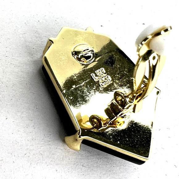 Nicholas Liu Vintage Black Onyx Hexagon Geometric Clip On Earrings Gold Metal - Picture 5 of 5